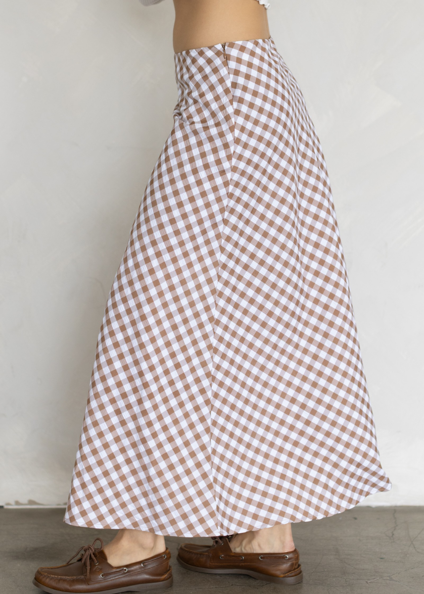 Gabriela Gingham Midi Skirt - Brown
