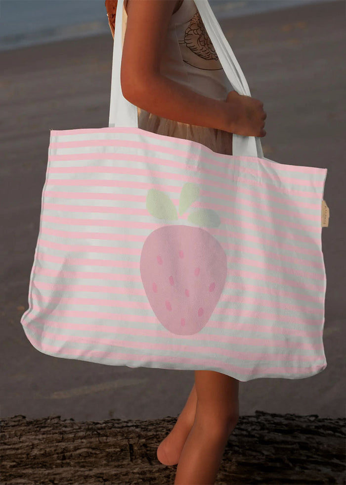 Kids Canvas Beach Bag - Strawberry Sunshine Pink Stripe