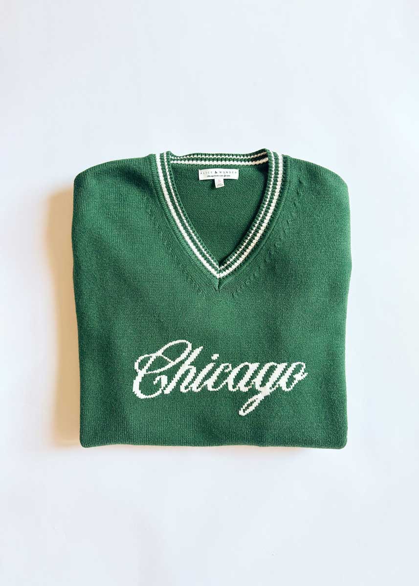 Chicago Collegiate V-Neck Sweater - Green & White