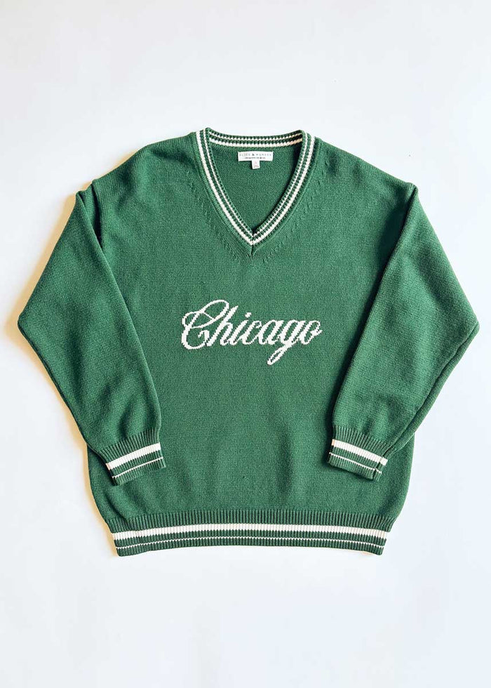 Chicago Collegiate V-Neck Sweater - Green & White