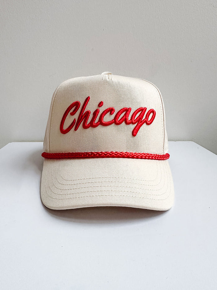 Chicago Script Rope Hat - Ivory & Red