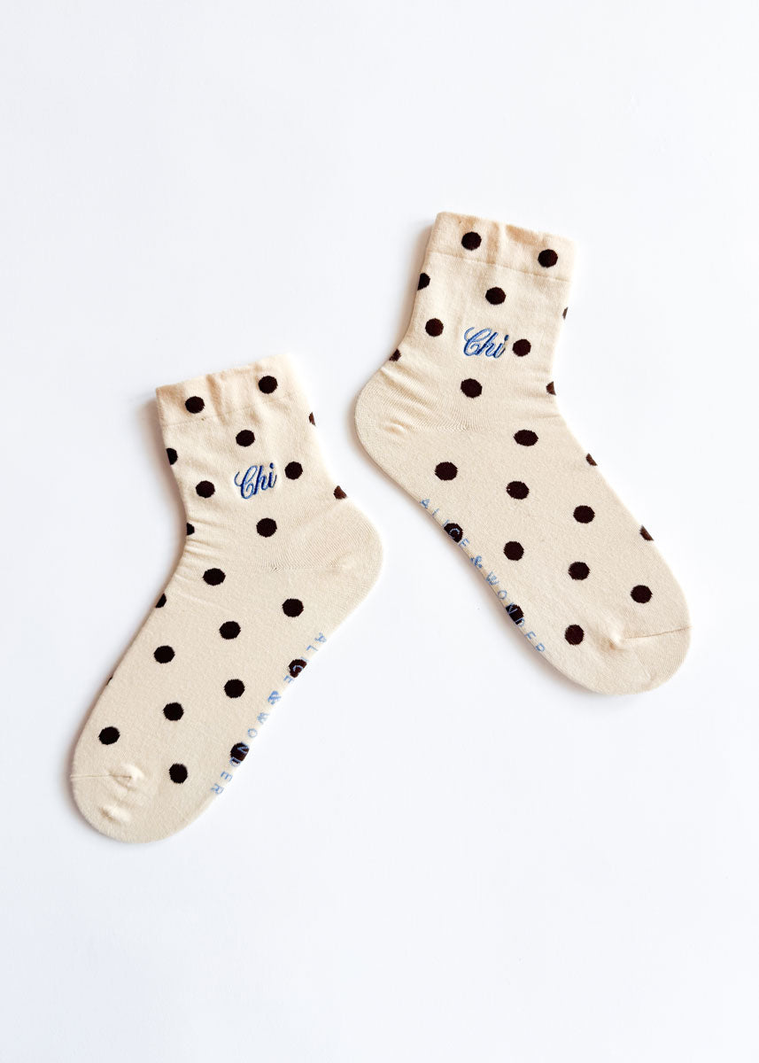 Chi Embroidered Polka Dot Trouser Sock - Latte