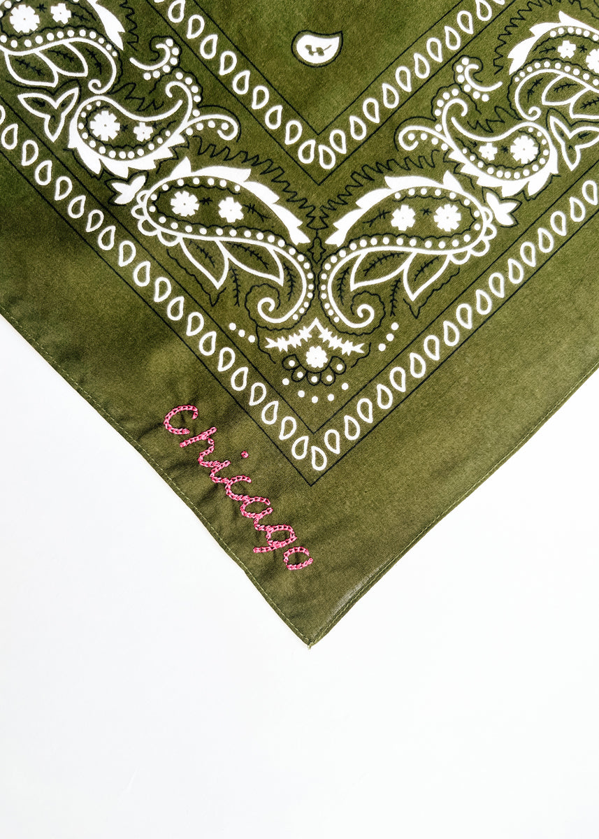 Chicago Stitch Embroidered Bandana - Olive
