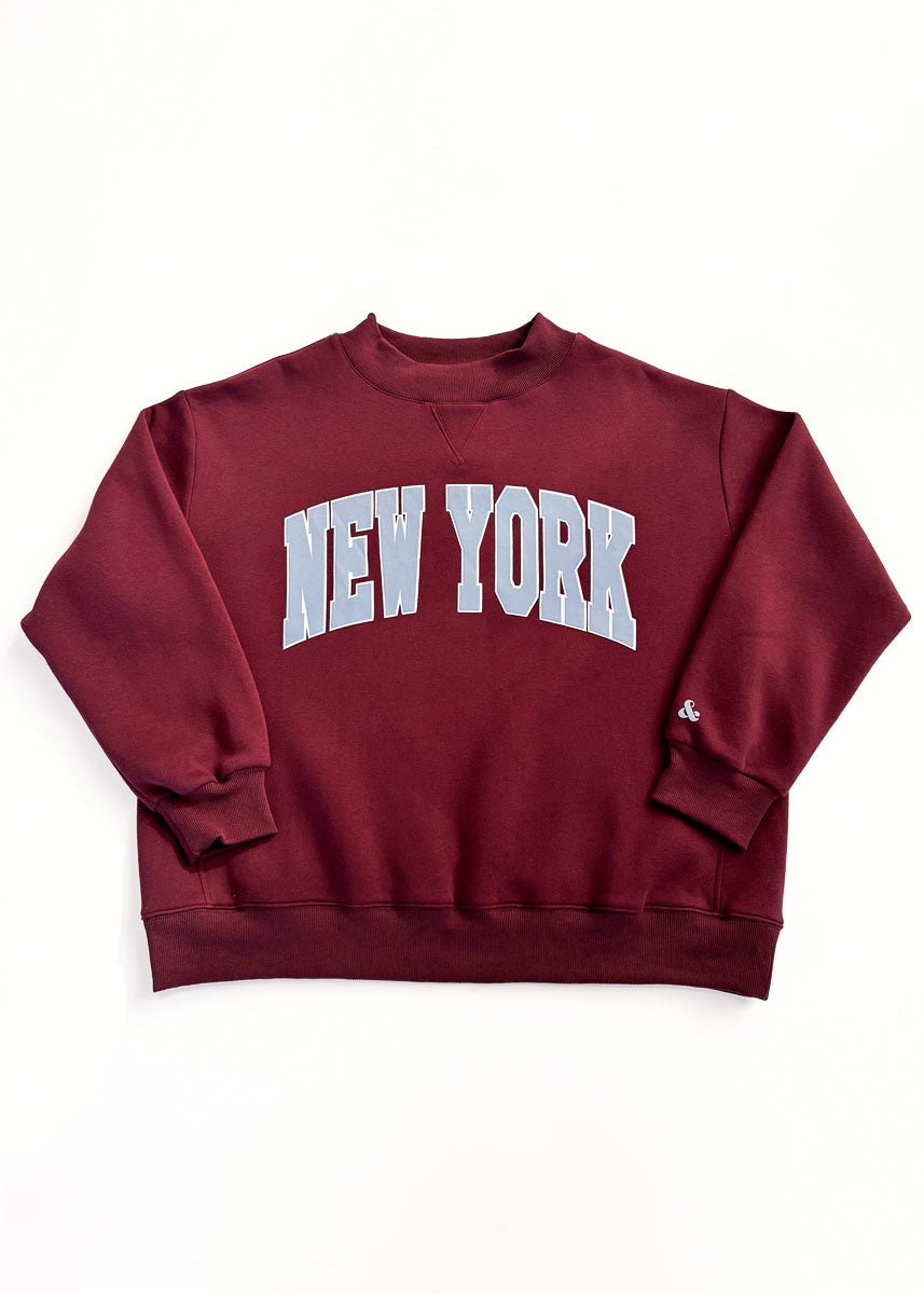 New York Collegiate Puff Mock Neck Sweatshirt - Burgundy & Light Blue