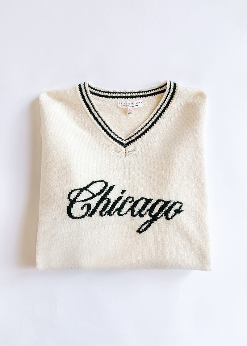 Chicago Collegiate V-Neck Sweater - Cream & Green