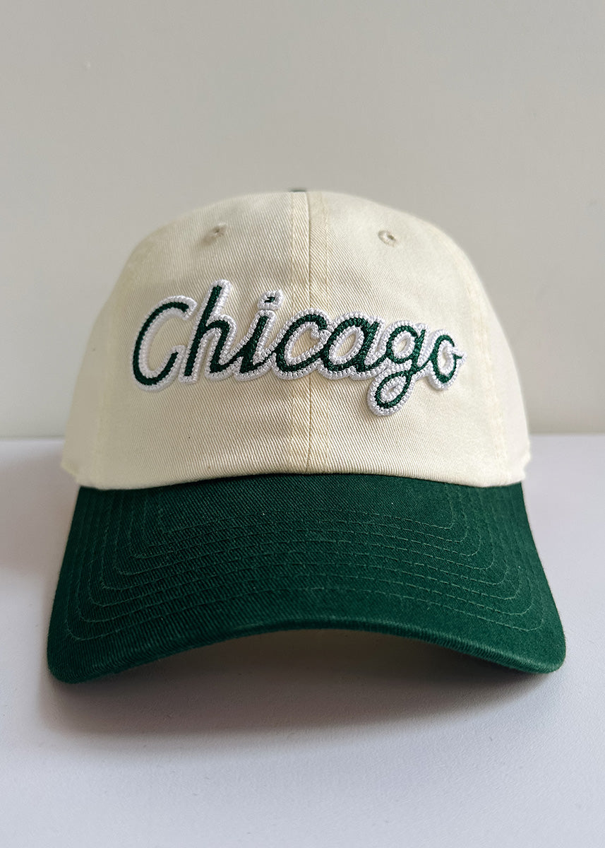 Chicago Script Baseball Cap - Ivory & Dark Green