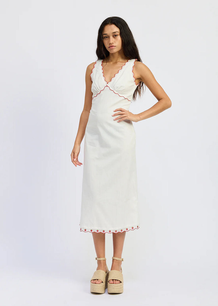Bonnie Embroidered Midi Dress - White & Red
