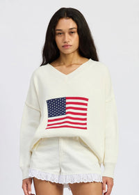 Coco V-Neck Flag Sweater - White, Red & Navy