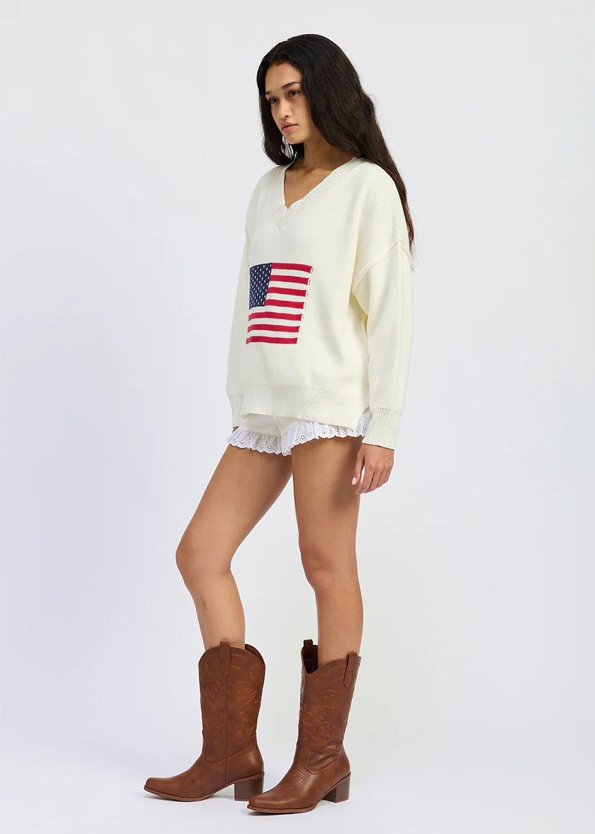 Coco V-Neck Flag Sweater - White, Red & Navy