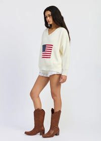 Coco V-Neck Flag Sweater - White, Red & Navy