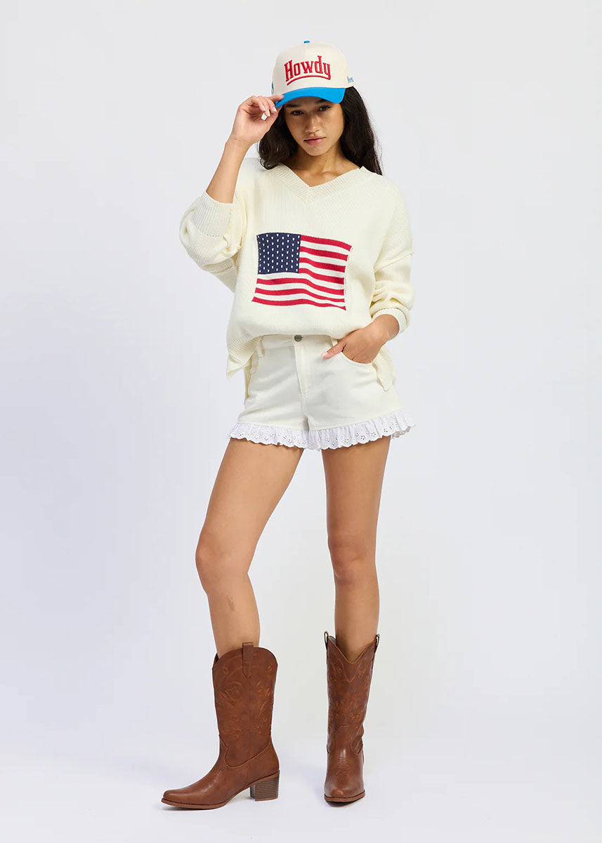 Coco V-Neck Flag Sweater - White, Red & Navy
