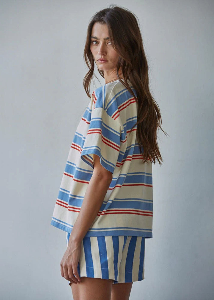 Cassius Striped Tee - Cream Blue