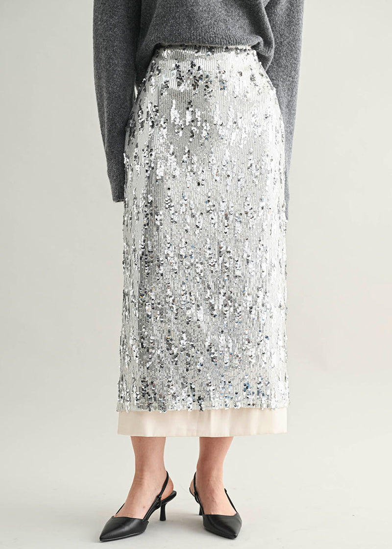 Esther Sequin Midi Skirt - Silver