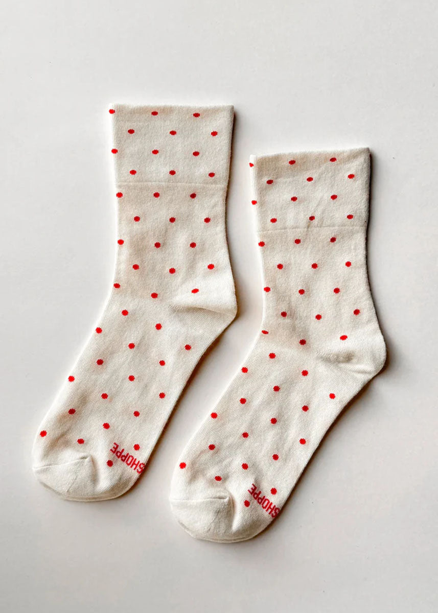 Polka Dot Sneaker Socks - Cream & Red