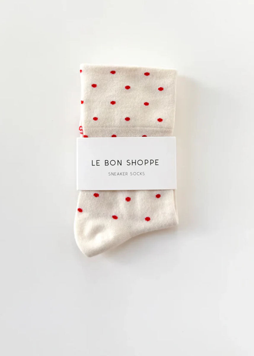 Polka Dot Sneaker Socks - Cream & Red