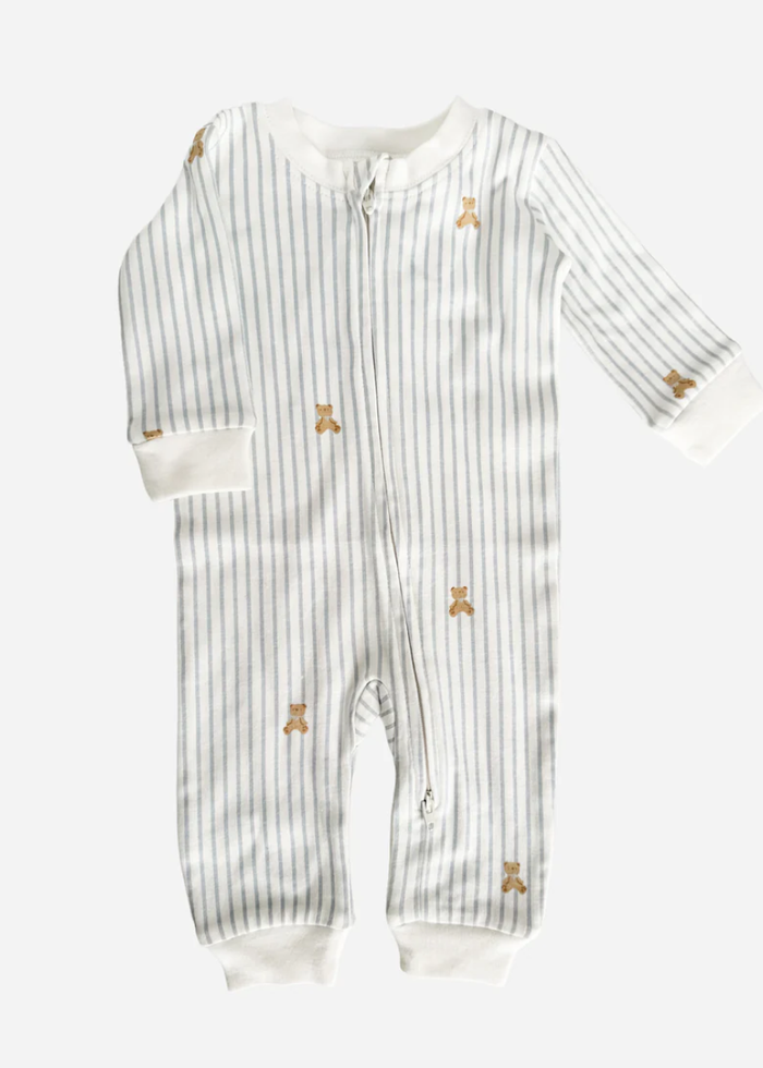 Long Sleeve Zipper Romper - Teddy Stripes