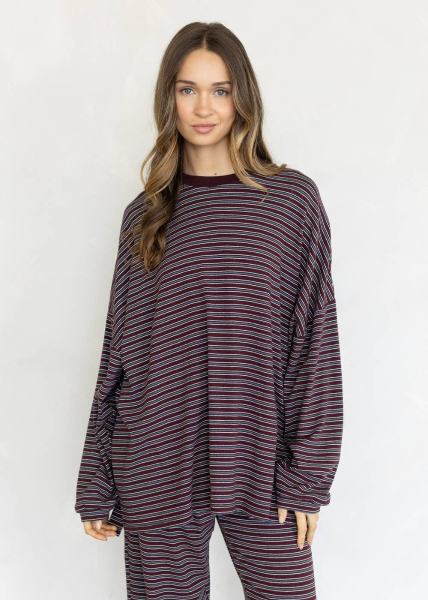 Lorenze Stripe Top - Wine Multi