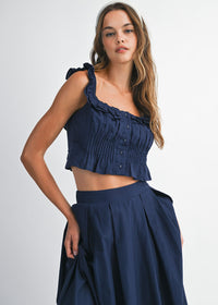 Darcy Frilled Top & Midi Skirt Set - Navy
