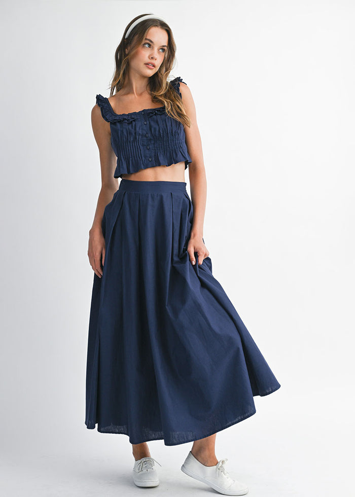 Darcy Frilled Top & Midi Skirt Set - Navy
