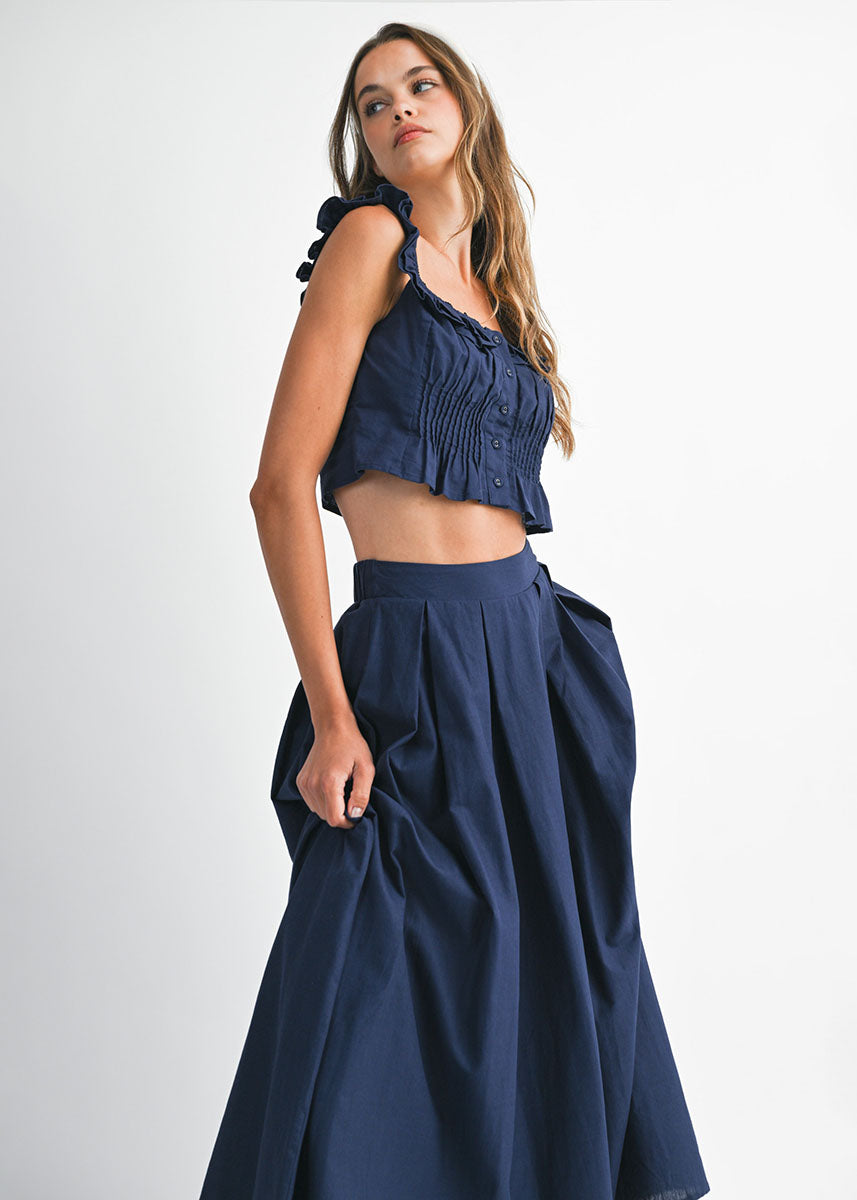 Darcy Frilled Top & Midi Skirt Set - Navy