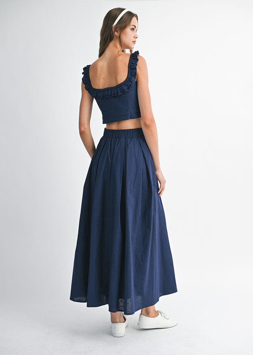 Darcy Frilled Top & Midi Skirt Set - Navy