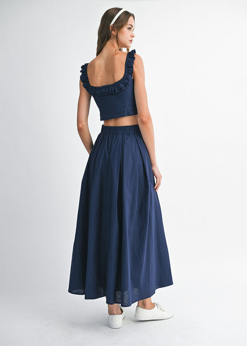 Darcy Frilled Top & Midi Skirt Set - Navy