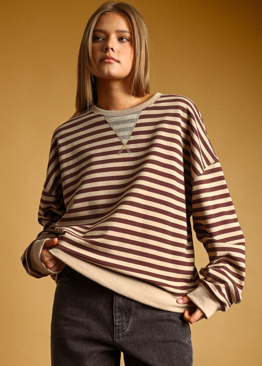 Maela Striped Long Sleeve Pullover - Brown & Tan