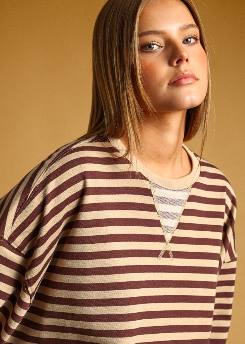 Maela Striped Long Sleeve Pullover - Brown & Tan