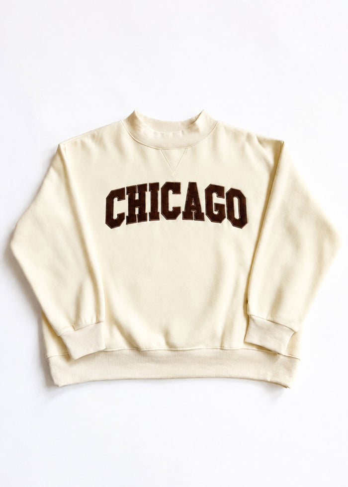 Chicago Collegiate Cord Mock Neck Sweatshirt - Ivory & Espresso