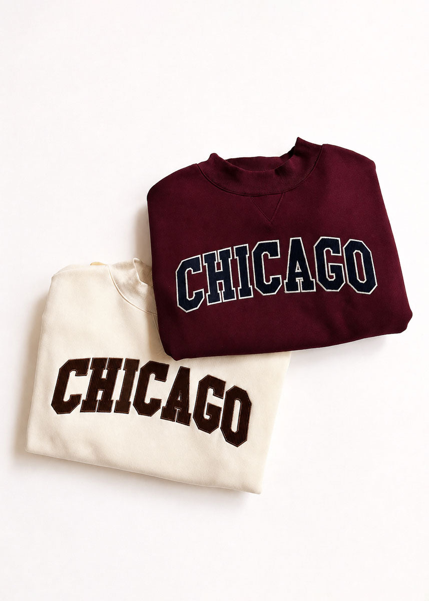 Chicago Collegiate Cord Mock Neck Sweatshirt - Ivory & Espresso
