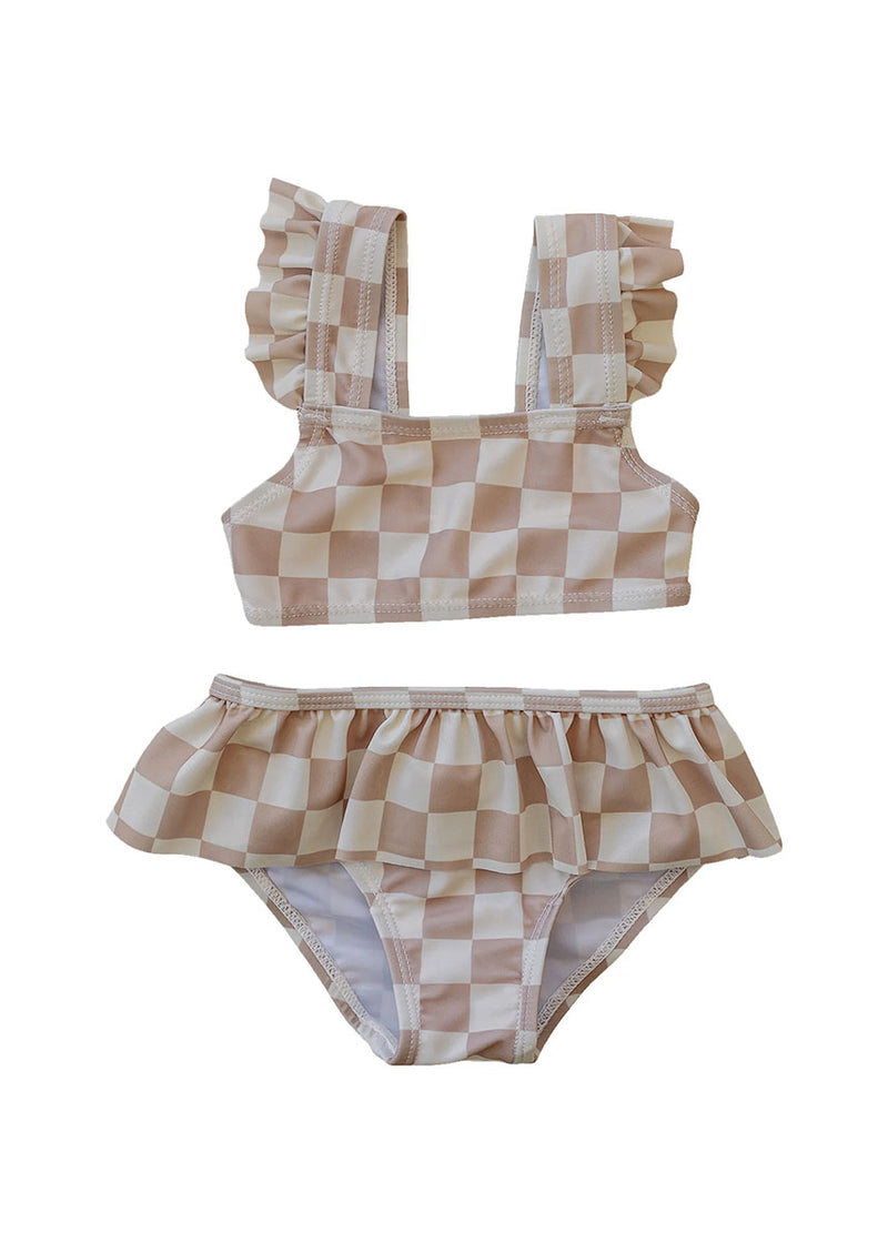 Checkered Ruffle Bikini Set - Taupe