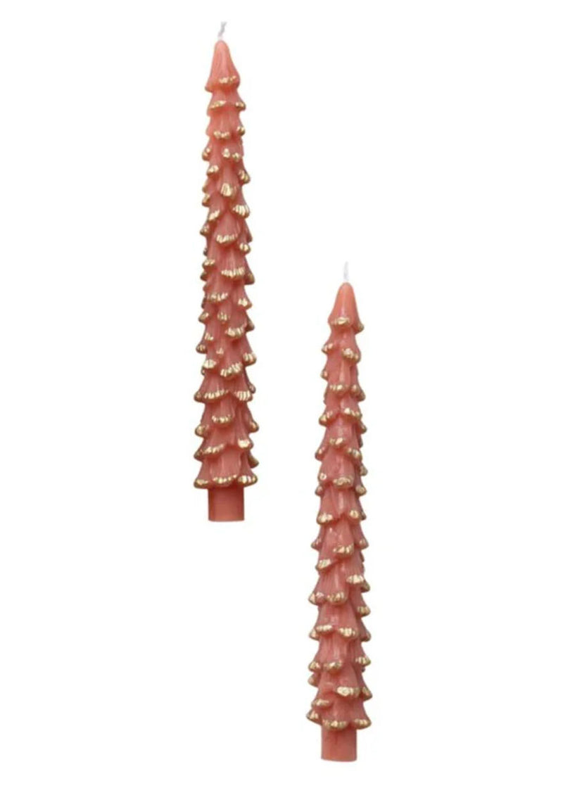 Tree Shaped Gold-Tipped Taper Candles - Coral
