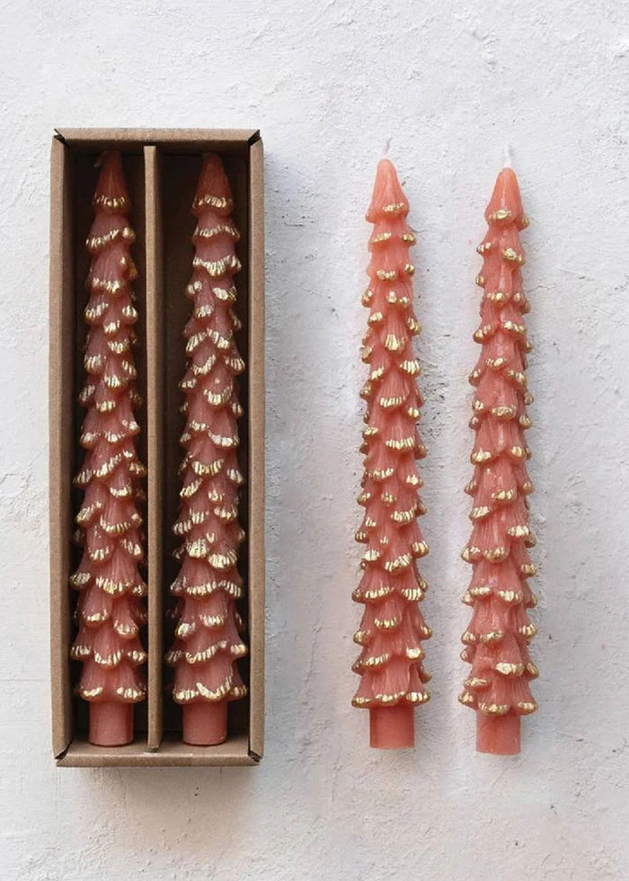 Tree Shaped Gold-Tipped Taper Candles - Coral