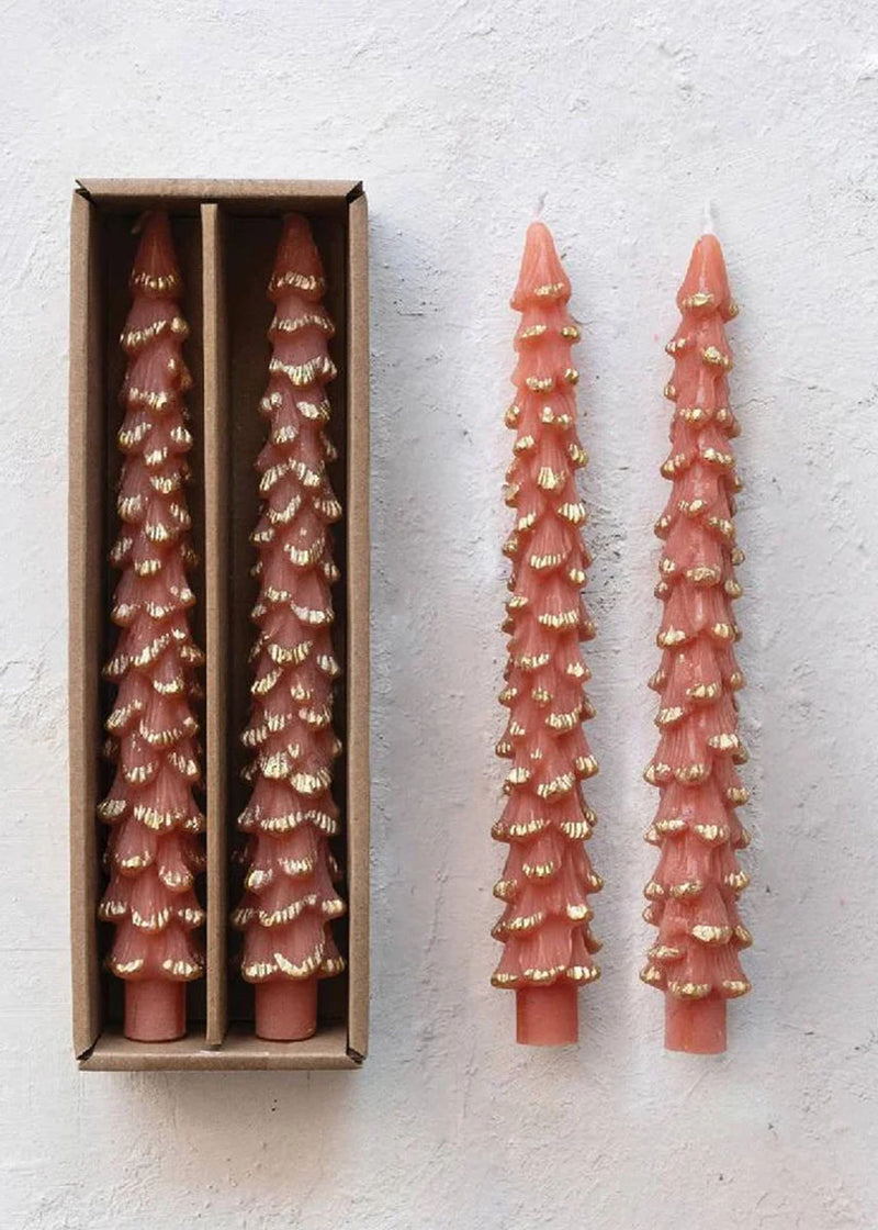 Tree Shaped Gold-Tipped Taper Candles - Coral