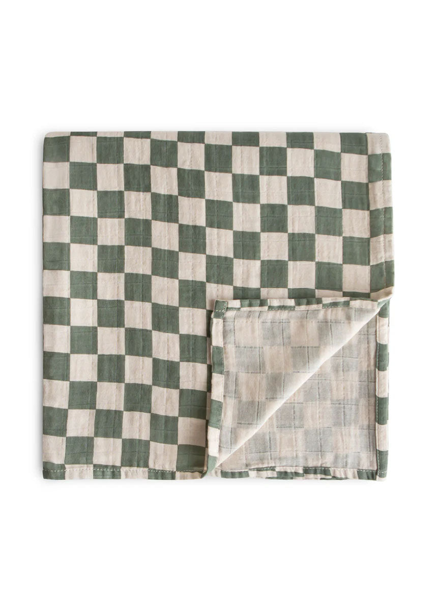 Muslin Swaddle Organic Cotton Blanket - Olive Check