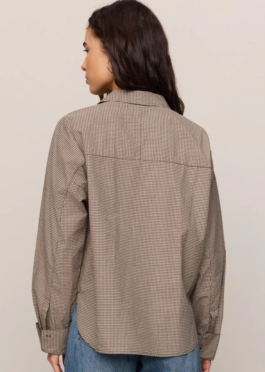 On Duty Gingham Button Up Top - Dark Chocolate