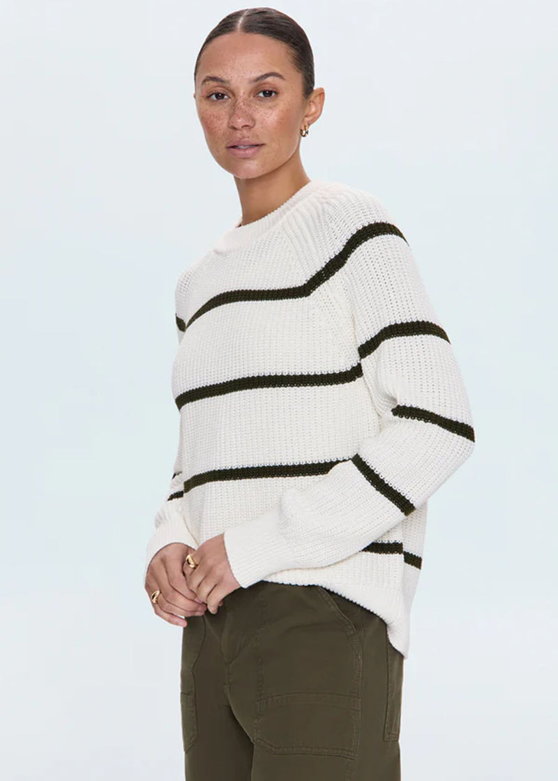 Edie Raglan Crewneck Sweater - Olive Stripe