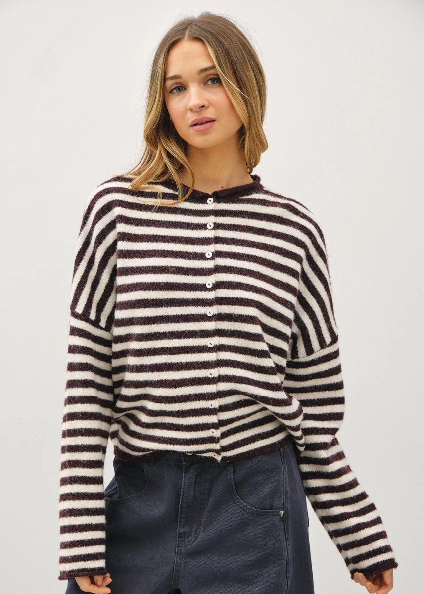Piper Striped Cardigan - Dark Wine