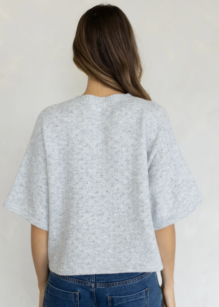 Pointelle Short Sleeve Cardigan - Heather Grey