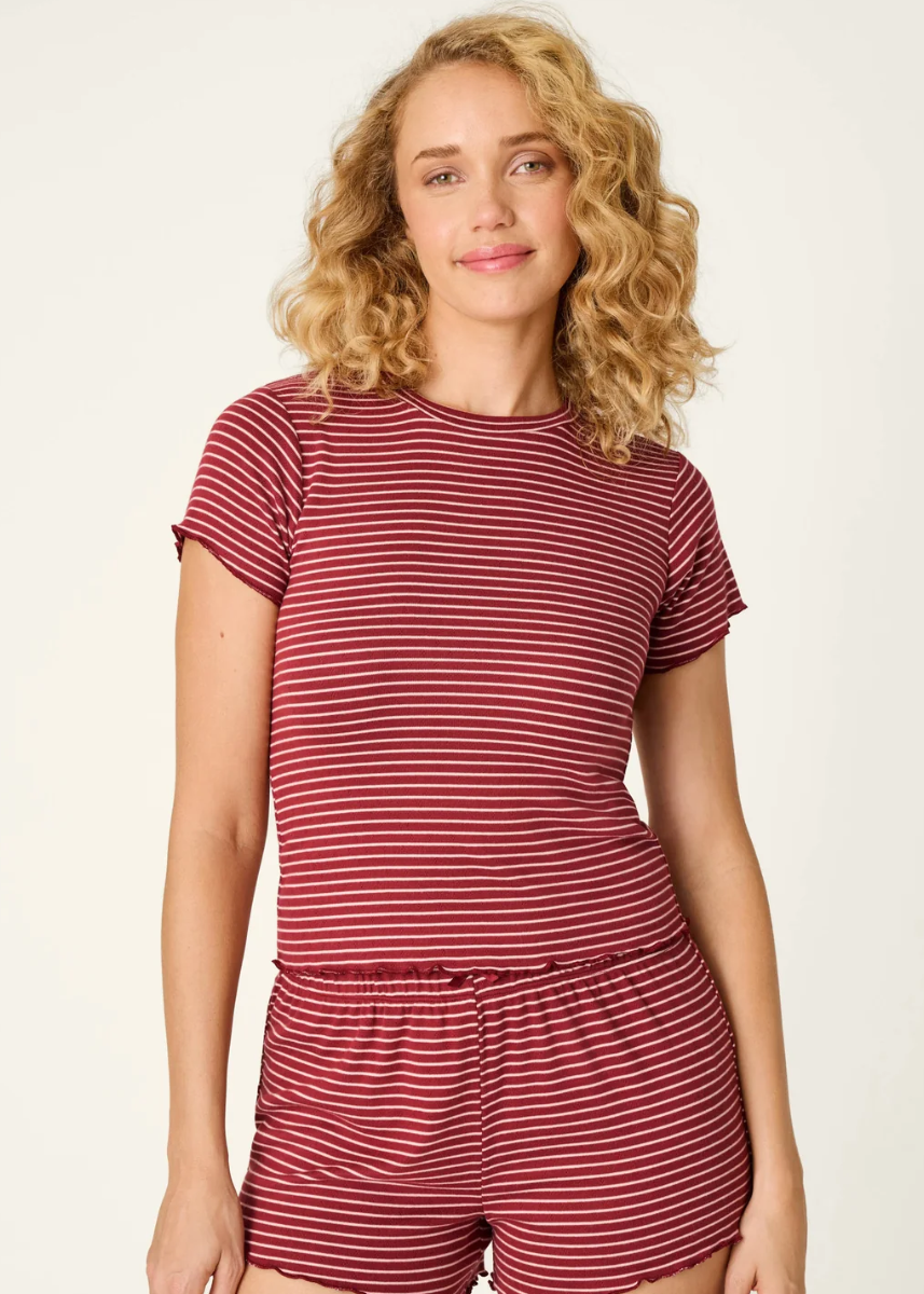 Pretty Stripes Pointelle Short Sleeve Tee  - Dark Wine