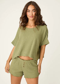 Rib Knit Short Sleeve Lounge Top - Heather Dark Olive