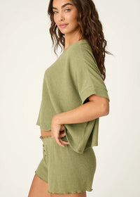 Rib Knit Short Sleeve Lounge Top - Heather Dark Olive