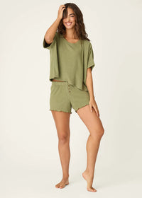 Rib Knit Short Sleeve Lounge Top - Heather Dark Olive