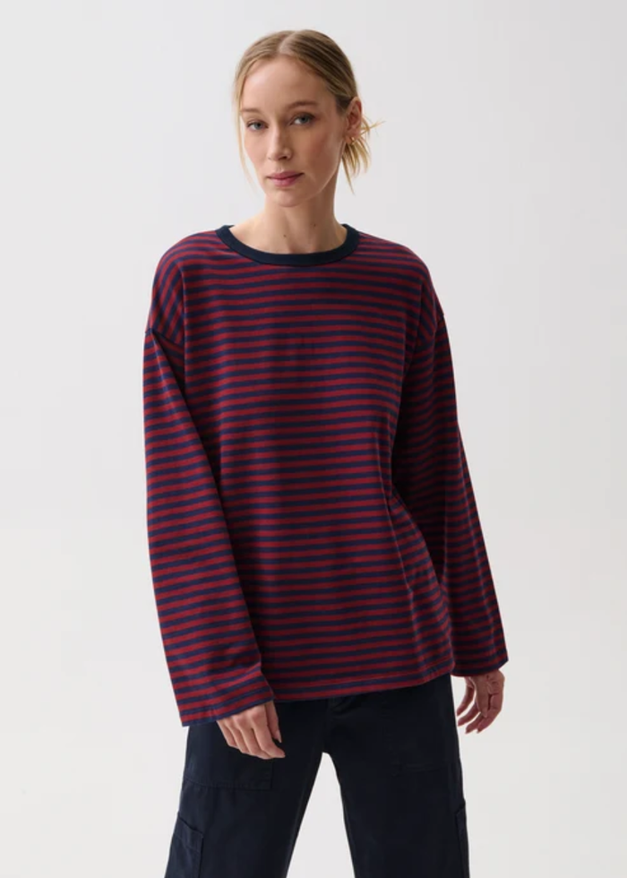 Reena Long Sleeve Oversized Tee - Velvet Navy Stripe