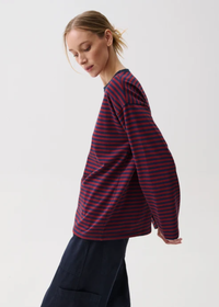 Reena Long Sleeve Oversized Tee - Velvet Navy Stripe