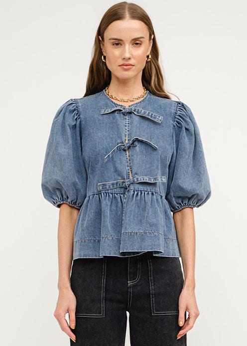 Norah Poplin Tie Puff-Sleeve Top - Medium Denim