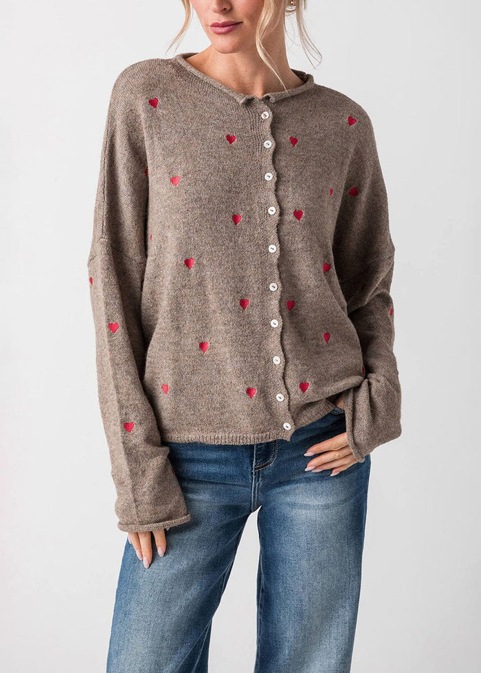 Piper Heart Cardigan - Mocha & Red