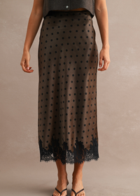 Satin Polka Dot Lace Trim Midi Skirt - Dark Brown