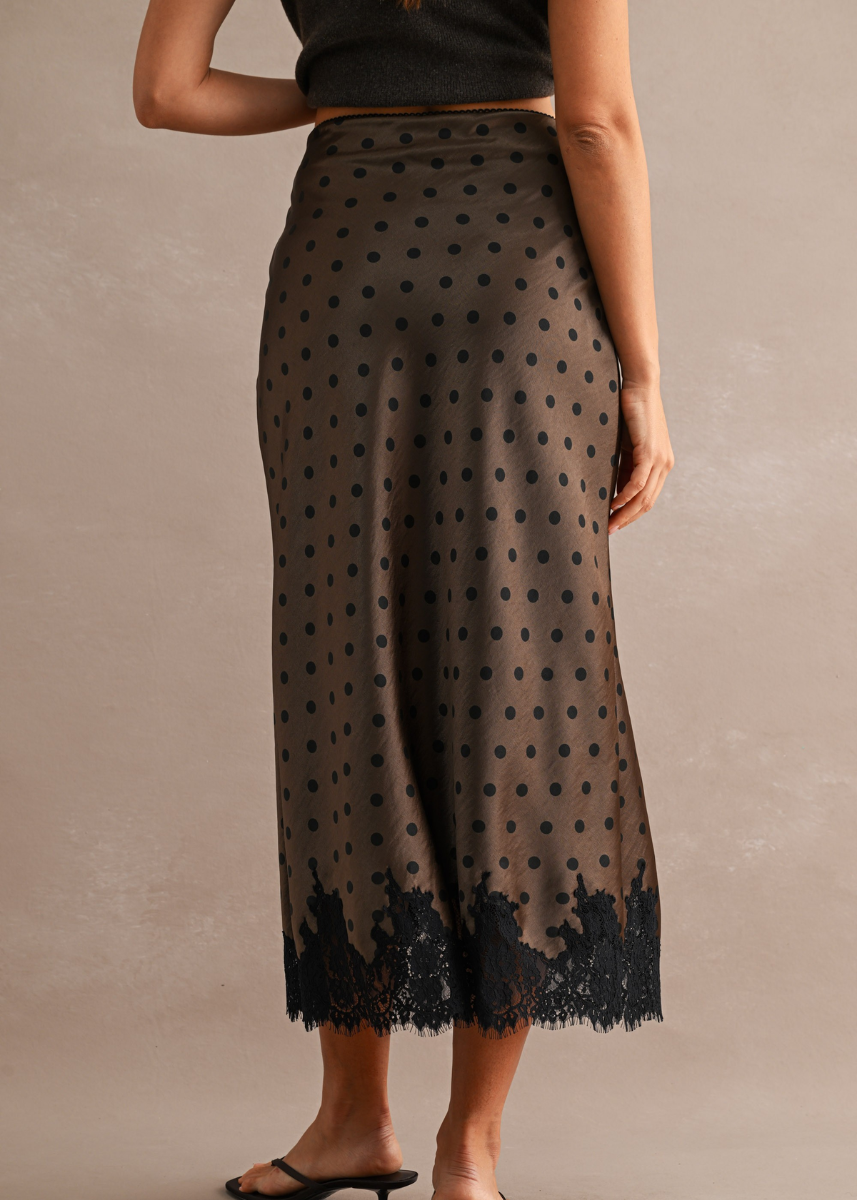 Satin Polka Dot Lace Trim Midi Skirt - Dark Brown