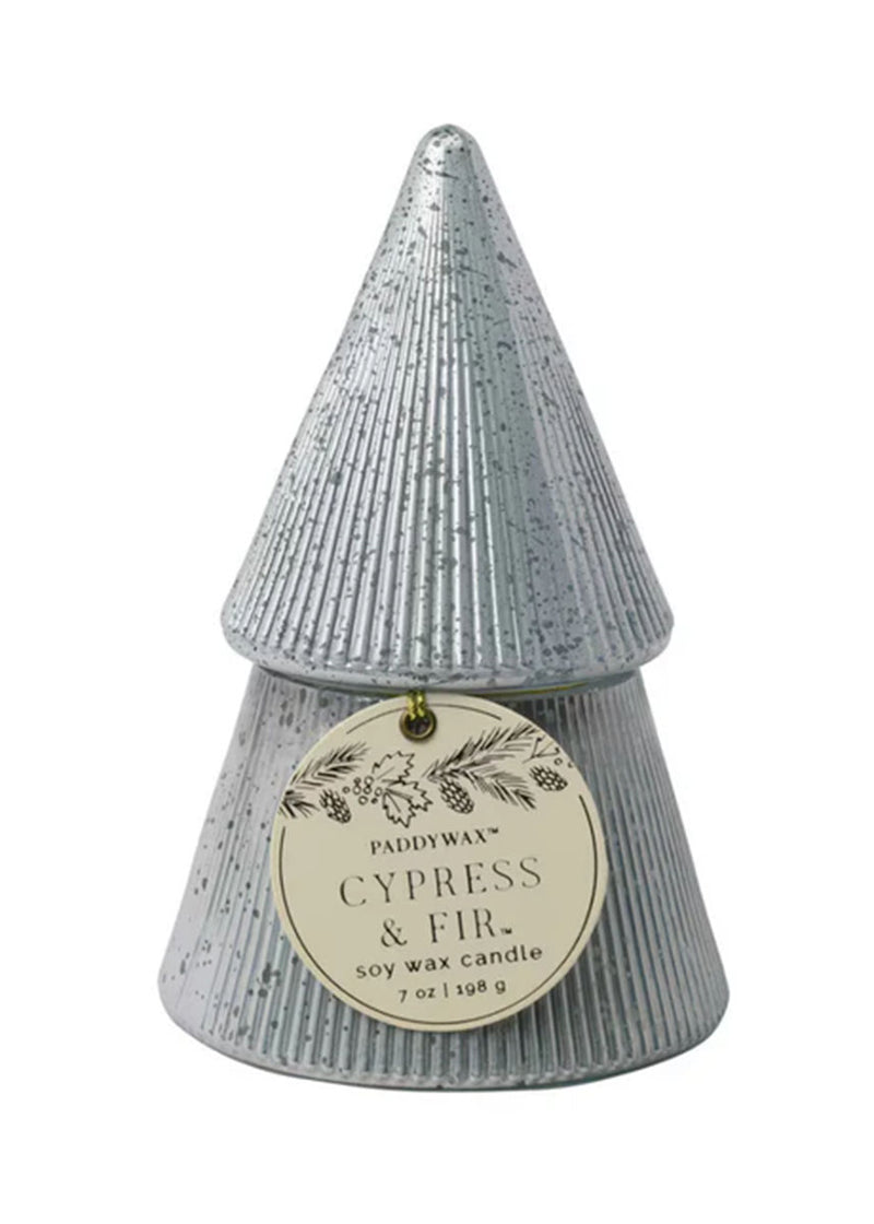 Cypress & Fir White Ribbed Stacked Tree Candle - 7oz.